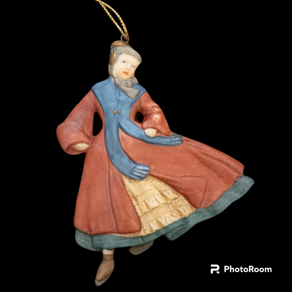 Russ Berrie Village Square Porcelain Lady Ice Skater Christmas Ornament in box